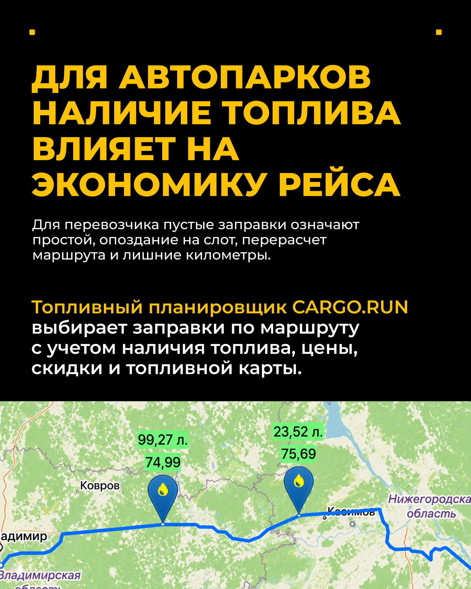 Слайд с заголовком про влияние наличия топлива на экономику рейса и картой маршрута с отметками литражей и цен для расчёта заправок по маршруту.