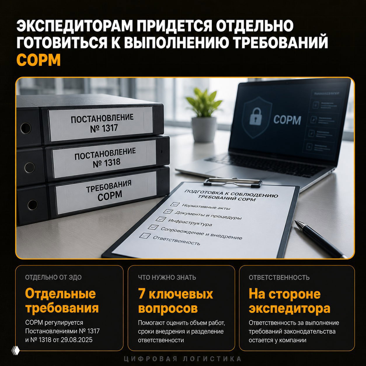 Рабочий стол с папками «ПОСТАНОВЛЕНИЕ №1317/№1318», ноутбуком с надписью «СОРМ» и планшетом с чек‑листом требований.