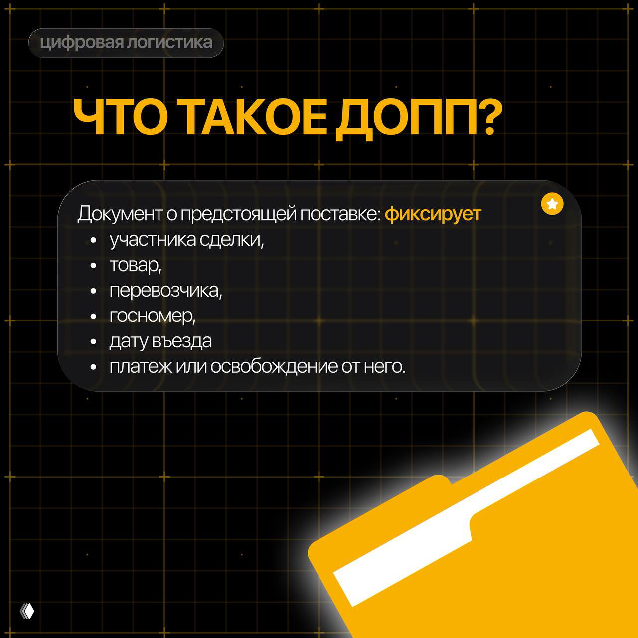 Слайд «Что такое ДОПП?»: карточка с кратким списком — участник сделки, товар, перевозчик, госномер, дата въезда и сведения о платеже; иконка папки на тёмном фоне.