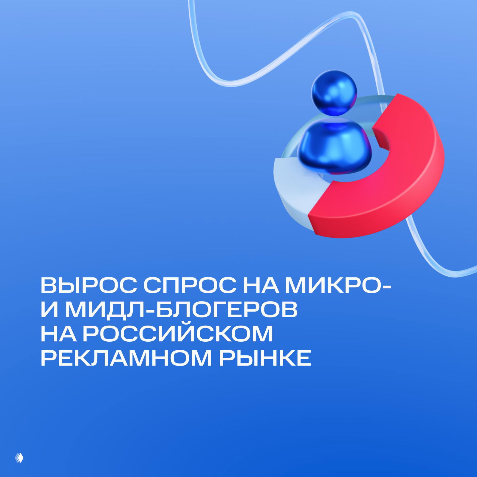 Иллюстрация с абстрактной 3D-фигурой и полукруговой диаграммой на синем фоне и текстом о росте спроса на микро- и мидл-блогеров.