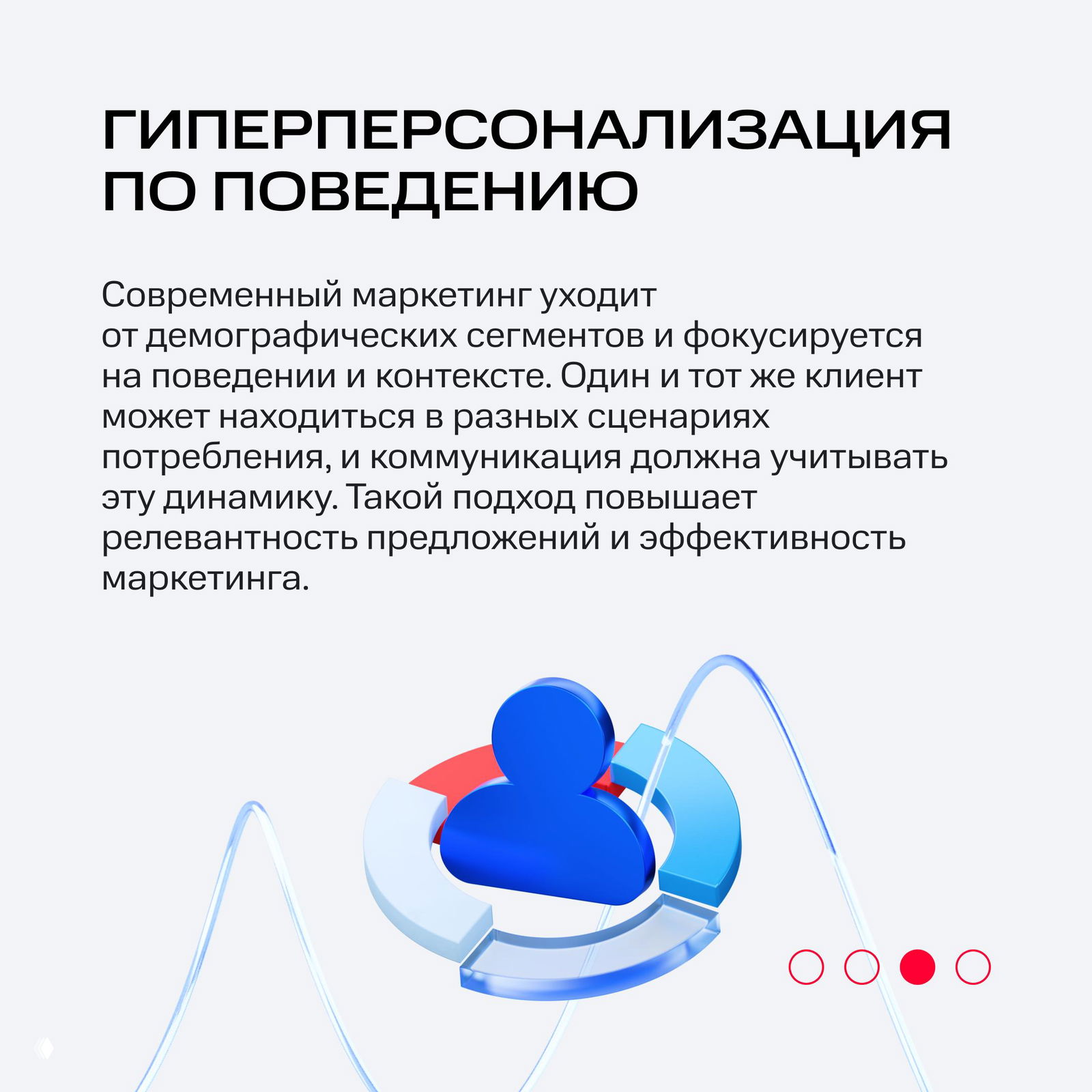 Карточка про гиперперсонализацию по поведению: текст о фокусе на поведении и контексте клиента, иллюстрация пользователя и диаграмма взаимодействий.