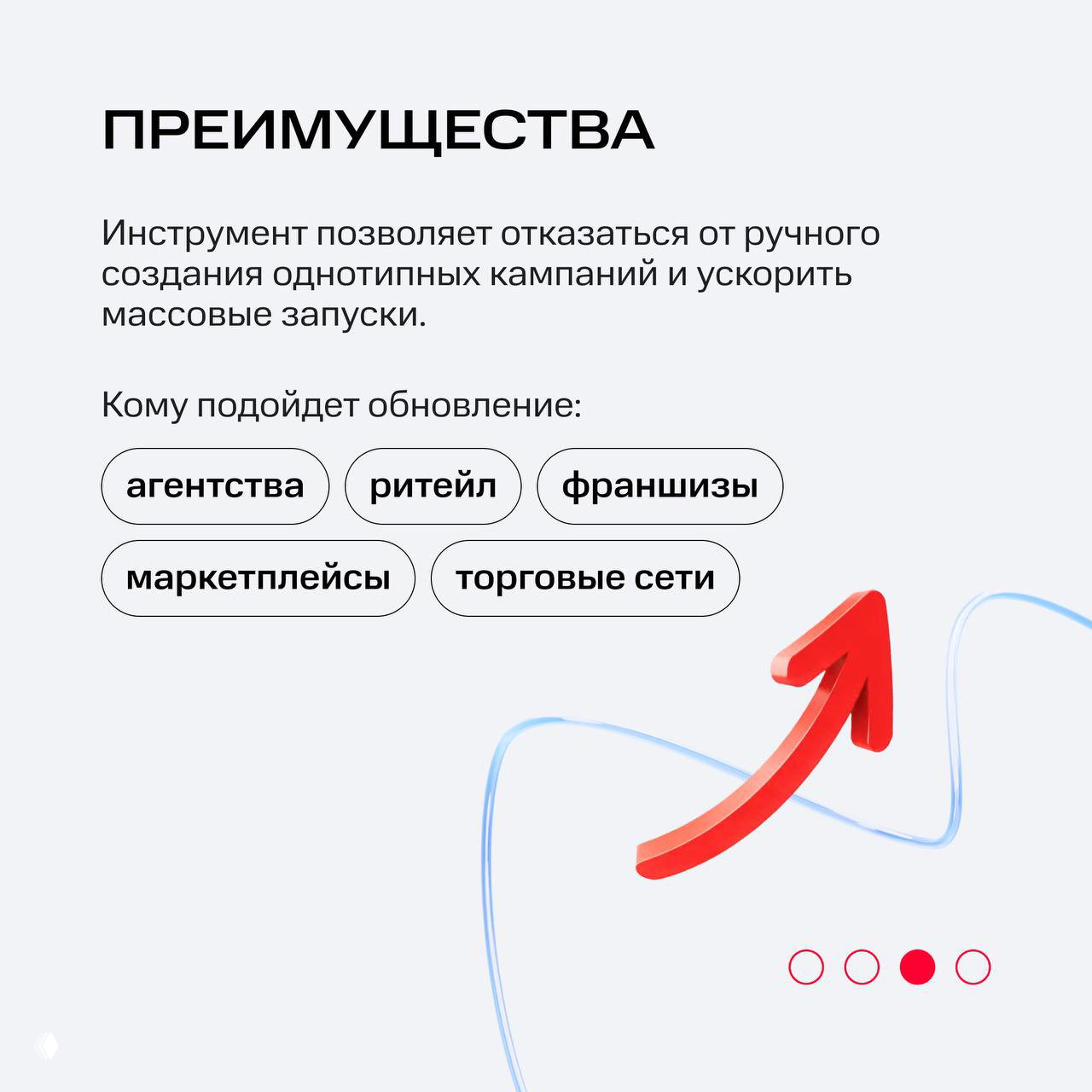 Слайд с преимуществами: кому подойдёт обновление — агентства, ритейл, франшизы, маркетплейсы и торговые сети; иллюстрация стрелки роста