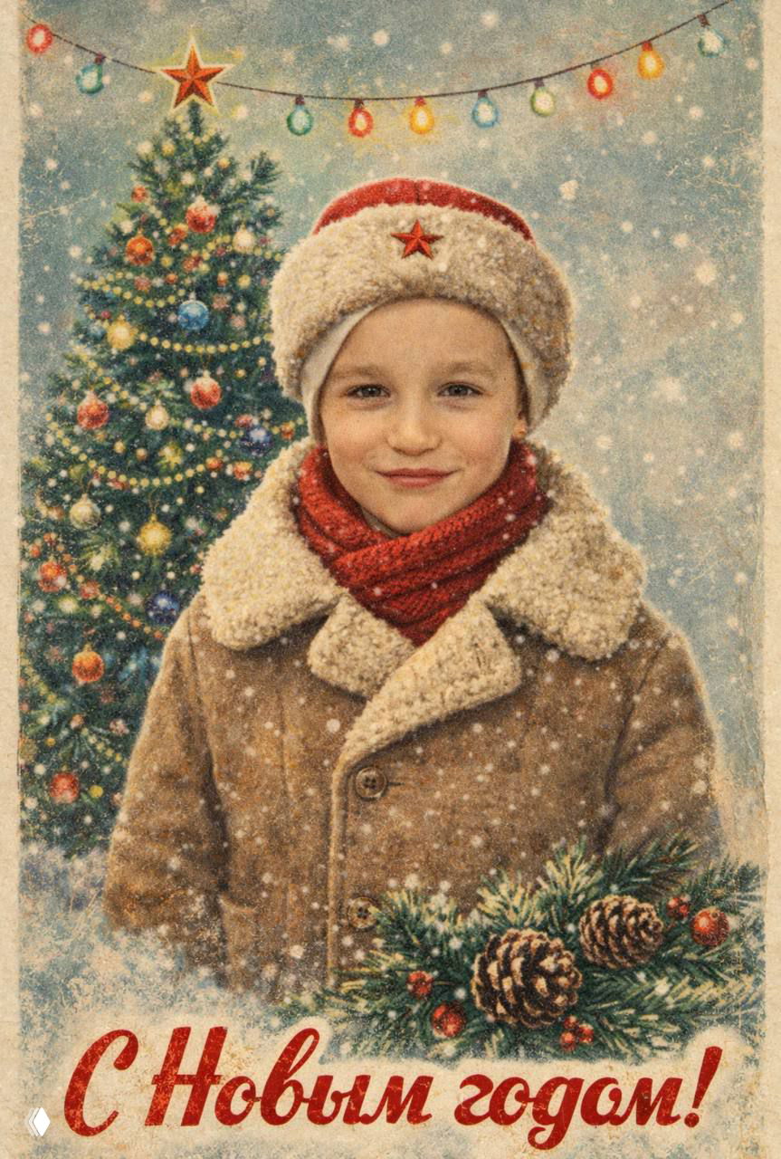 Винтажная праздничная открытка: ребёнок в тёплой шубе и шапке со звёздой на фоне украшенной ёлки и падающего снега, настроение Нового года.