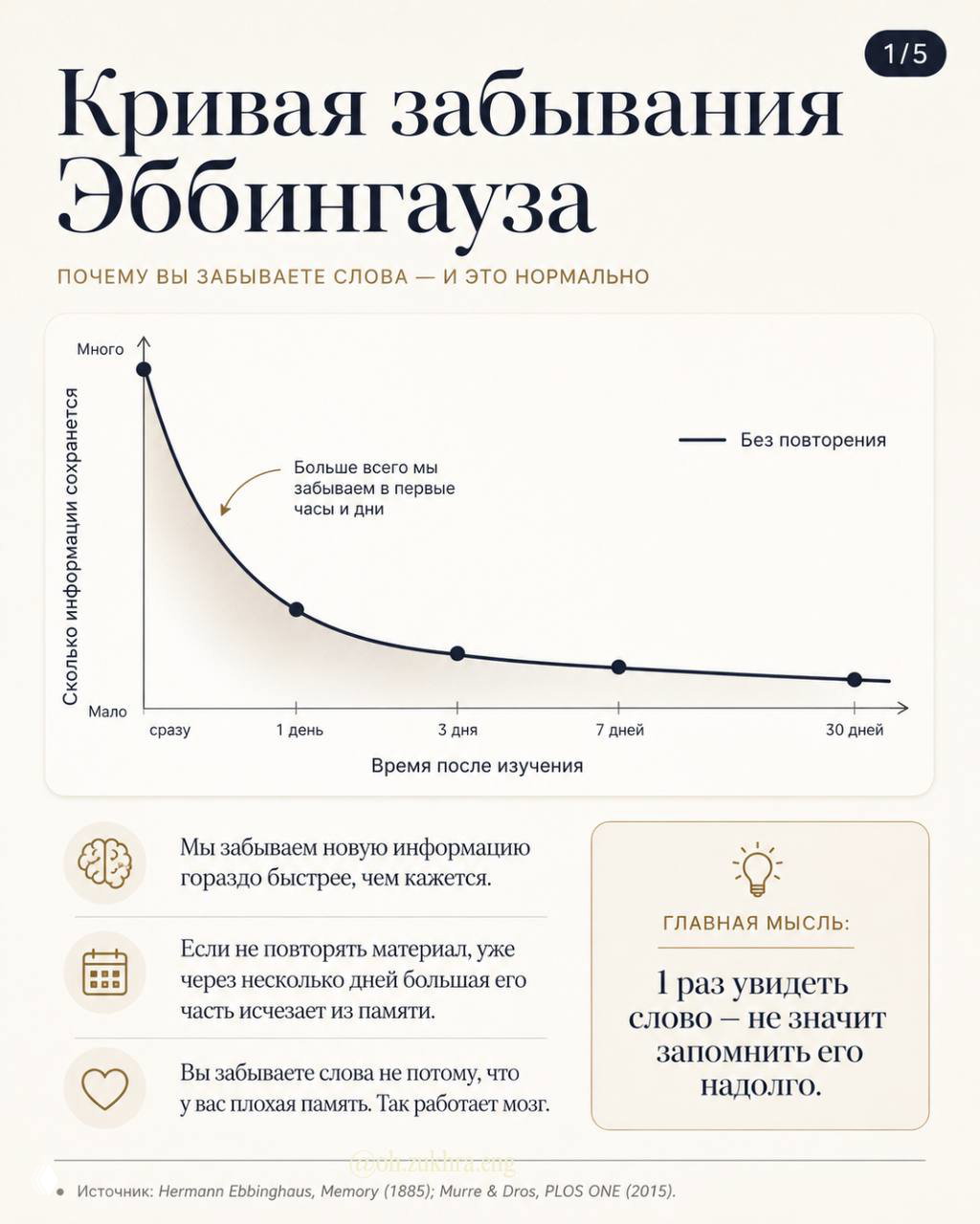 Инфографика «Кривая забывания» Эббингауза: график сохранения информации во времени с подписями о резкой потере в первые часы и дни и нужде в повторениях.