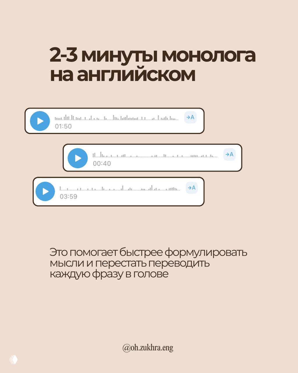 Иллюстрация с голосовыми сообщениями и плеерами — пример 2–3 минут монолога для тренировки формулировки мыслей на английском.