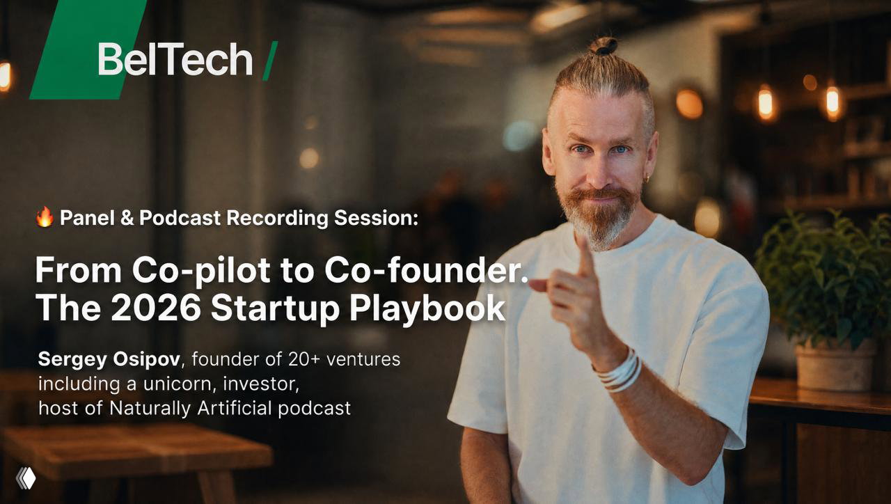 Promotional slide with Sergey Osipov pointing at camera in a conference setting, BelTech logo and session title about startups and AI.