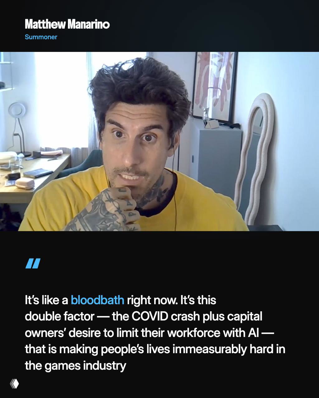 Matthew Manarino in a home office video interview, close-up with visible tattoos on his hand while discussing AI and layoffs in the games industry.