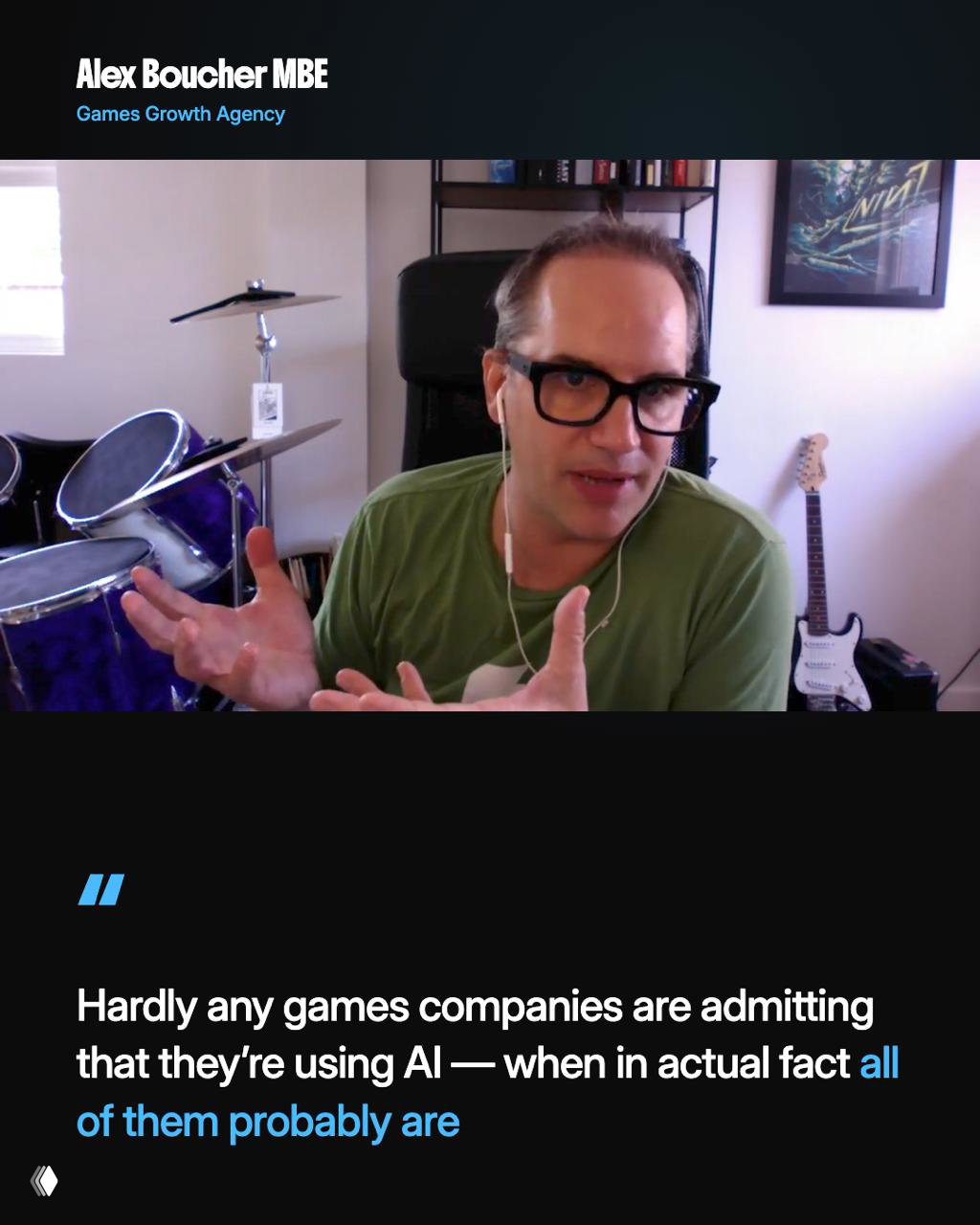 Alex Boucher MBE speaking on webcam with a drum kit and guitar visible behind him, gesturing while discussing games growth and marketing business.