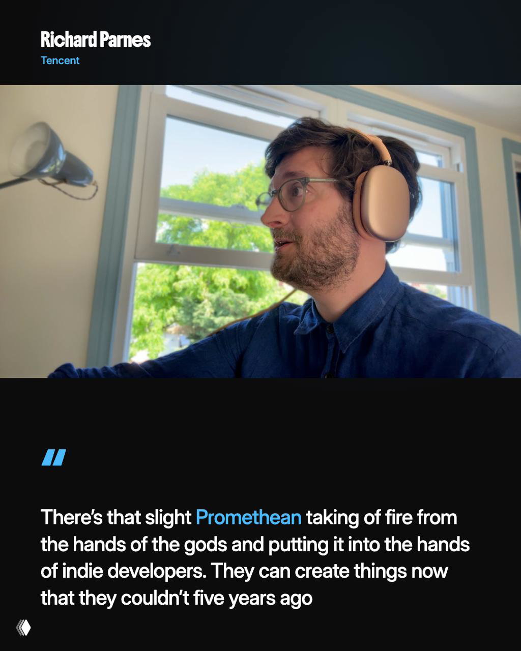 Richard Parnes wearing headphones near a bright window, side-profile in a video interview frame discussing indie development and tools in the industry.