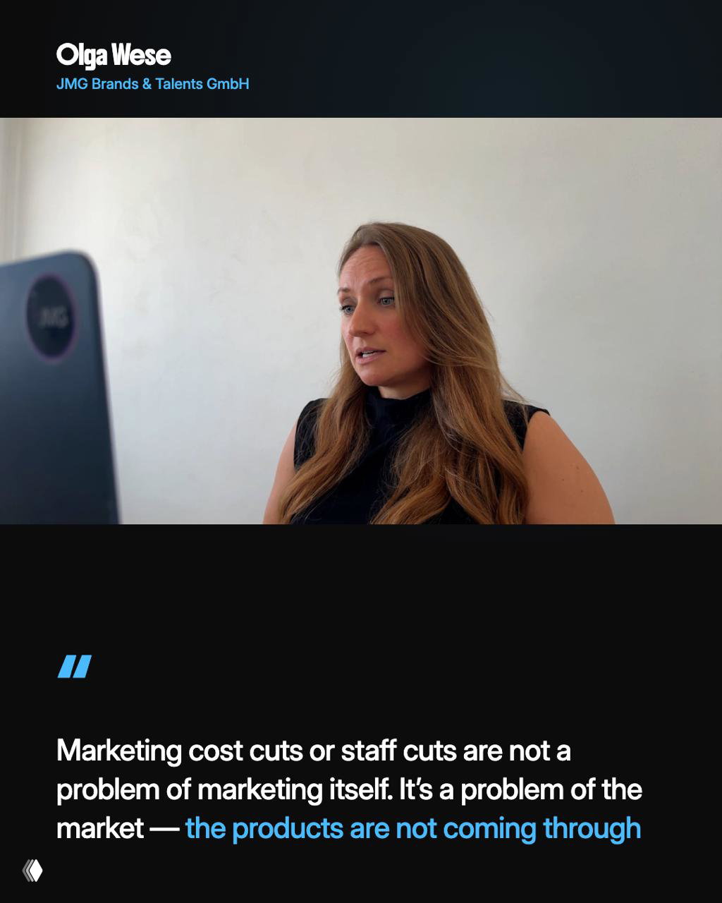 Olga Wese on a video call at her workspace, mid-shot with laptop visible, speaking about marketing cost cuts and product-market issues in gaming.