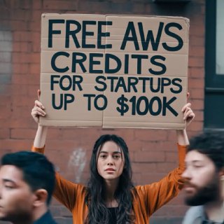 Young woman holding a cardboard sign that reads "FREE AWS CREDITS FOR STARTUPS UP TO $100K" against a brick wall, with blurred passersby nearby.