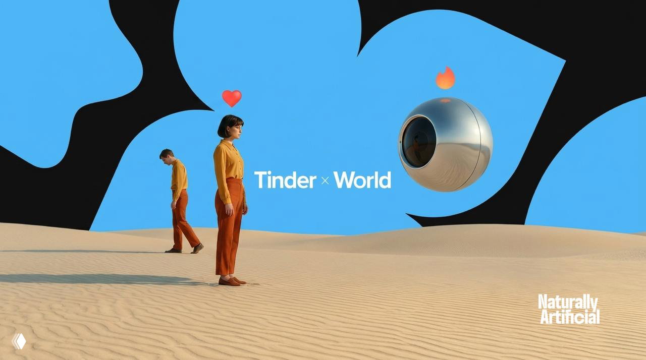 Promo image showing two people on sand dunes, a floating spherical "World" camera and 'Tinder × World' branding on a stylized blue backdrop.