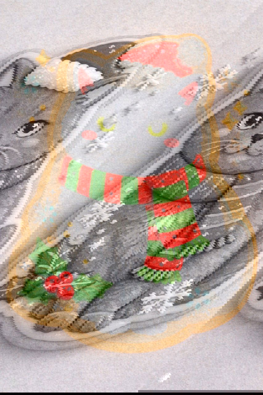 Пряник в форме кота в новогодней шапке и шарфе, украшенный цветной глазурью и снежинками, на светлом фоне — праздничный пряник ручной росписи.