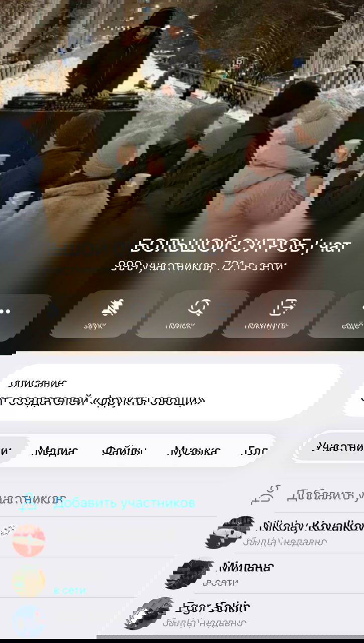 Скриншот чата Telegram с обложкой «БОЛЬШОЙ СУГРОБ» и фото диджея и компаний людей у сугроба — отражение локального сообщества вокруг Миусской дюны.