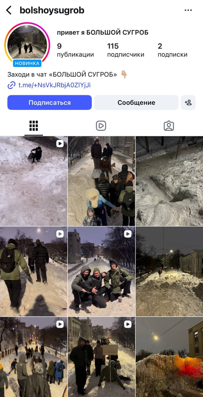Скриншот страницы Instagram с серией фото и видео большого сугроба и людей у него — свидетельство появления фан‑пабликов и чата вокруг Миусской дюны.