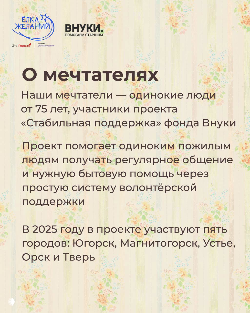 Слайд «О мечтателях»: текст о том, что в акции участвуют одинокие люди от 75 лет из проектов фонда «Внуки», на том же фоновой иллюстрации в винтажном стиле.