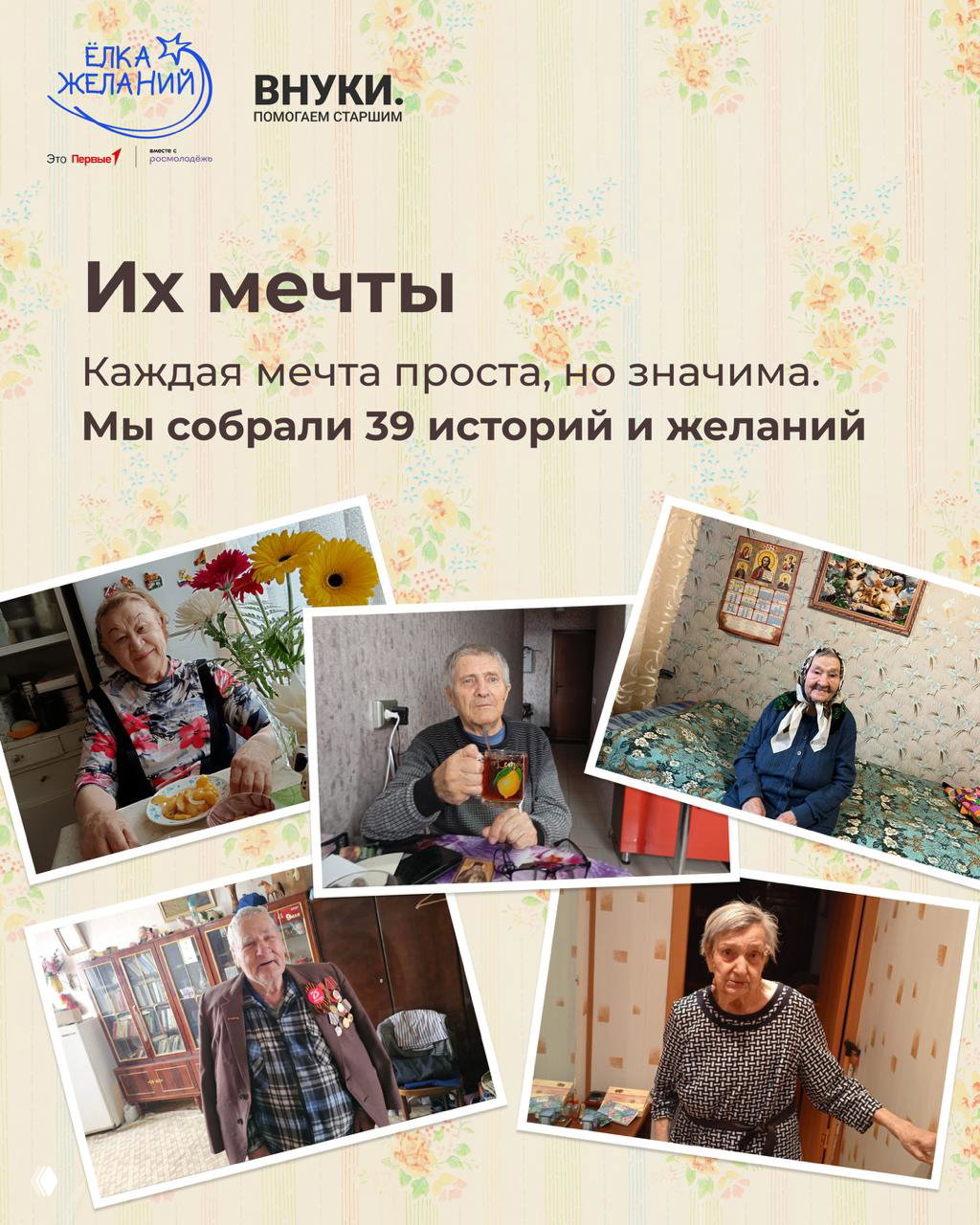 Коллаж фото пожилых людей в домашней обстановке: несколько портретов участников проекта фонда «Внуки», демонстрирующие реальные получатели помощи и их окружение.