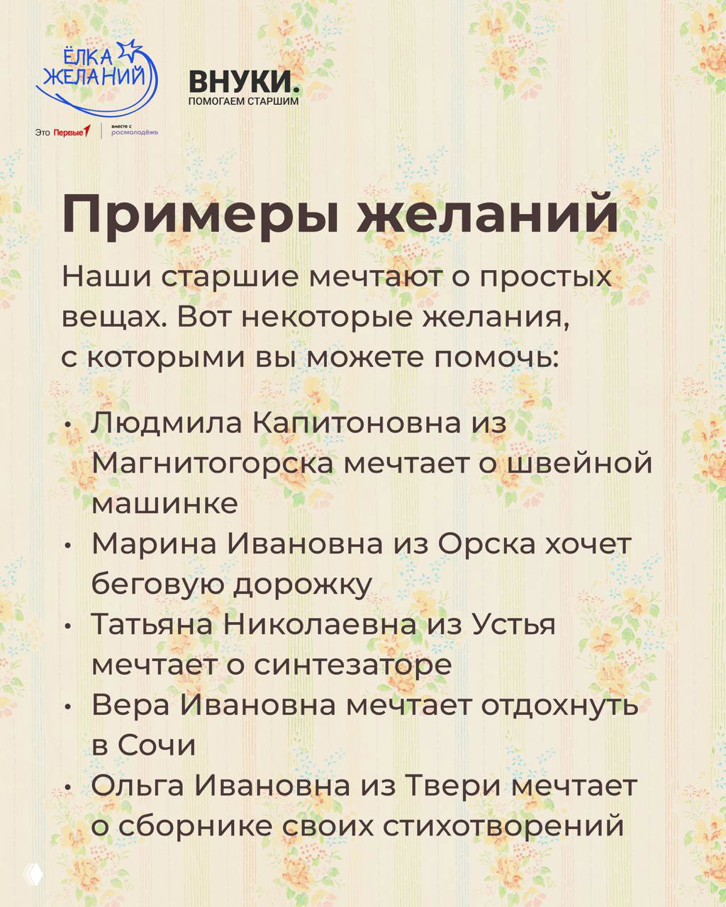 Слайд «Примеры желаний»: список простых желаний пожилых людей — швейная машинка, беговая дорожка, синтезатор, поездка в Сочи и сборник стихов, оформленный на винтажном фоне.