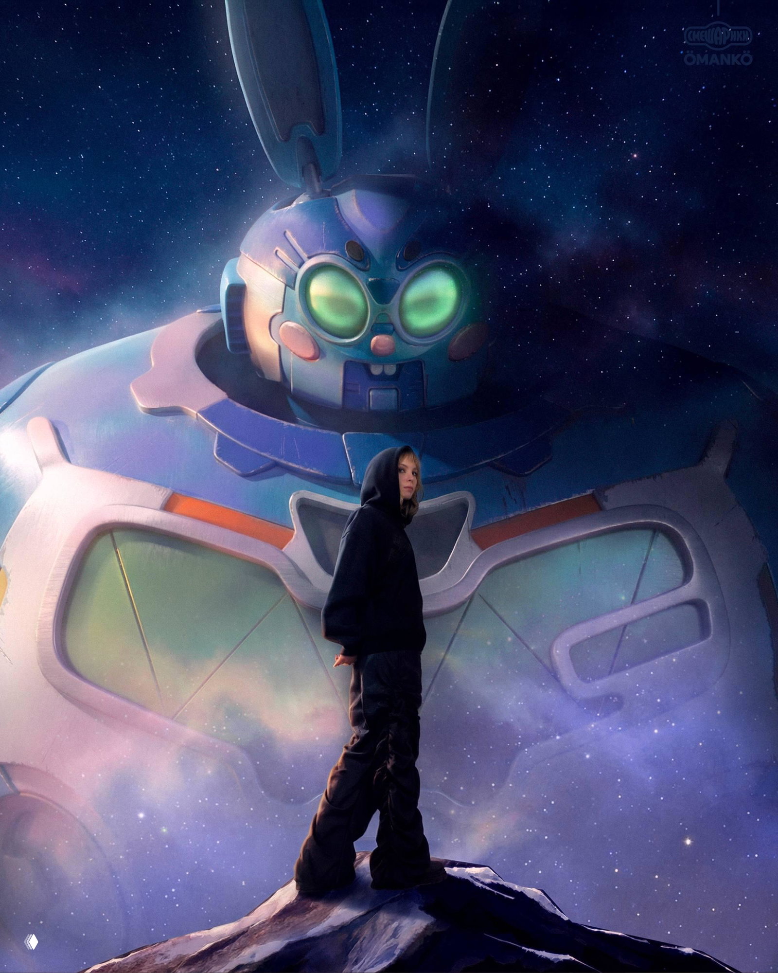 Крупный план добродушного механического персонажа в стиле Смешариков на фоне светлого неба; детализированный корпус и выразительная мимика робота как часть айдентики проекта.