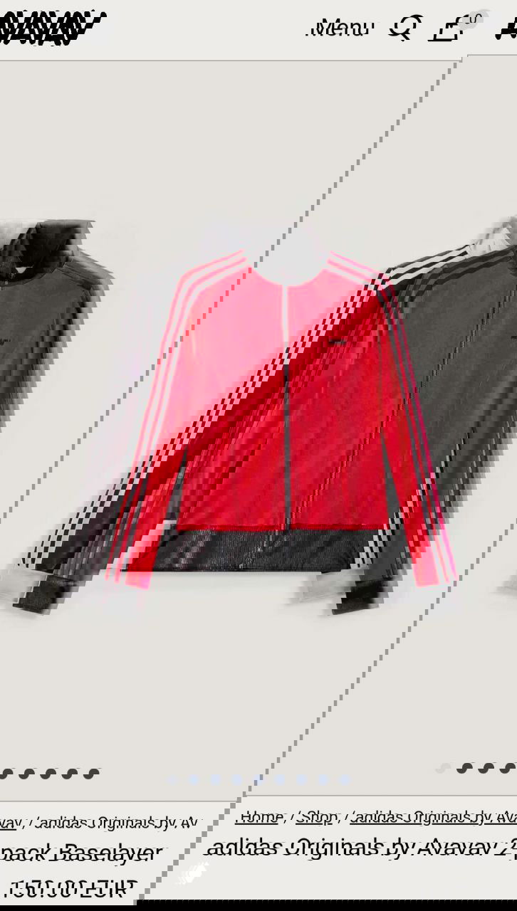Скриншот карточки товара: изображение красно‑чёрного набора adidas Originals by Avavav и цена 150.00 EUR на странице магазина.