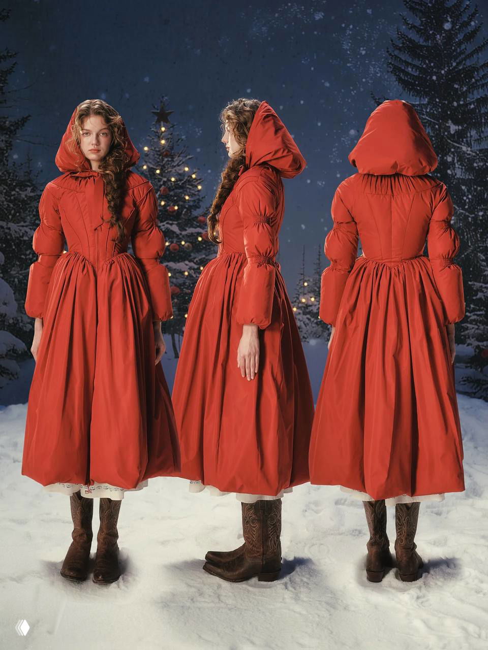 Три ракурса красного пуховика‑платья LaceMade (фронт, профиль, вид сзади), видно строение корсета и объёмную юбку на снежном фоне.