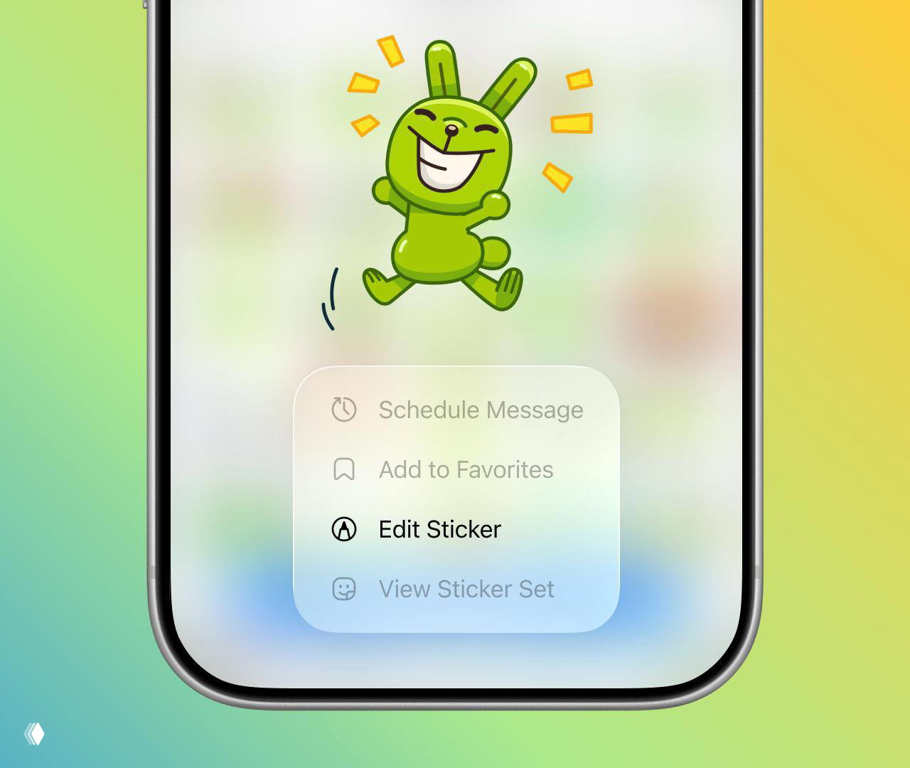 Крупный план экрана iPhone с меню редактирования стикера в Telegram и опцией «Edit Sticker» на фоне мягкого градиента.