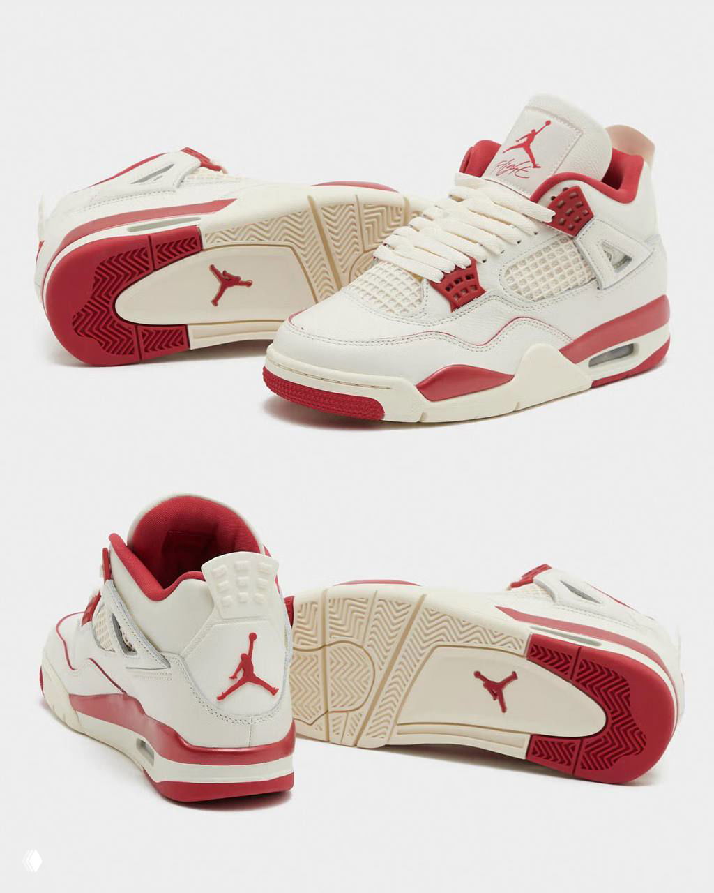 Пара бело‑красных Air Jordan 4 «Sierra Red», вид снизу и сзади: подошва с логотипом Jumpman, красные вставки и контрастные детали