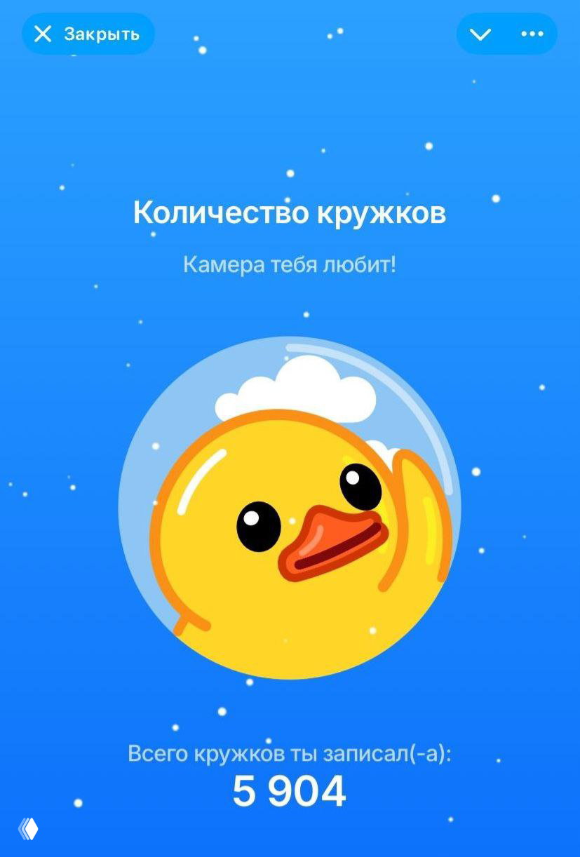 Светло-голубая карточка с большой улыбающейся уткой в пузыре, заголовок «Количество кружков» и указано общее число кружков 5 904 у аккаунта.