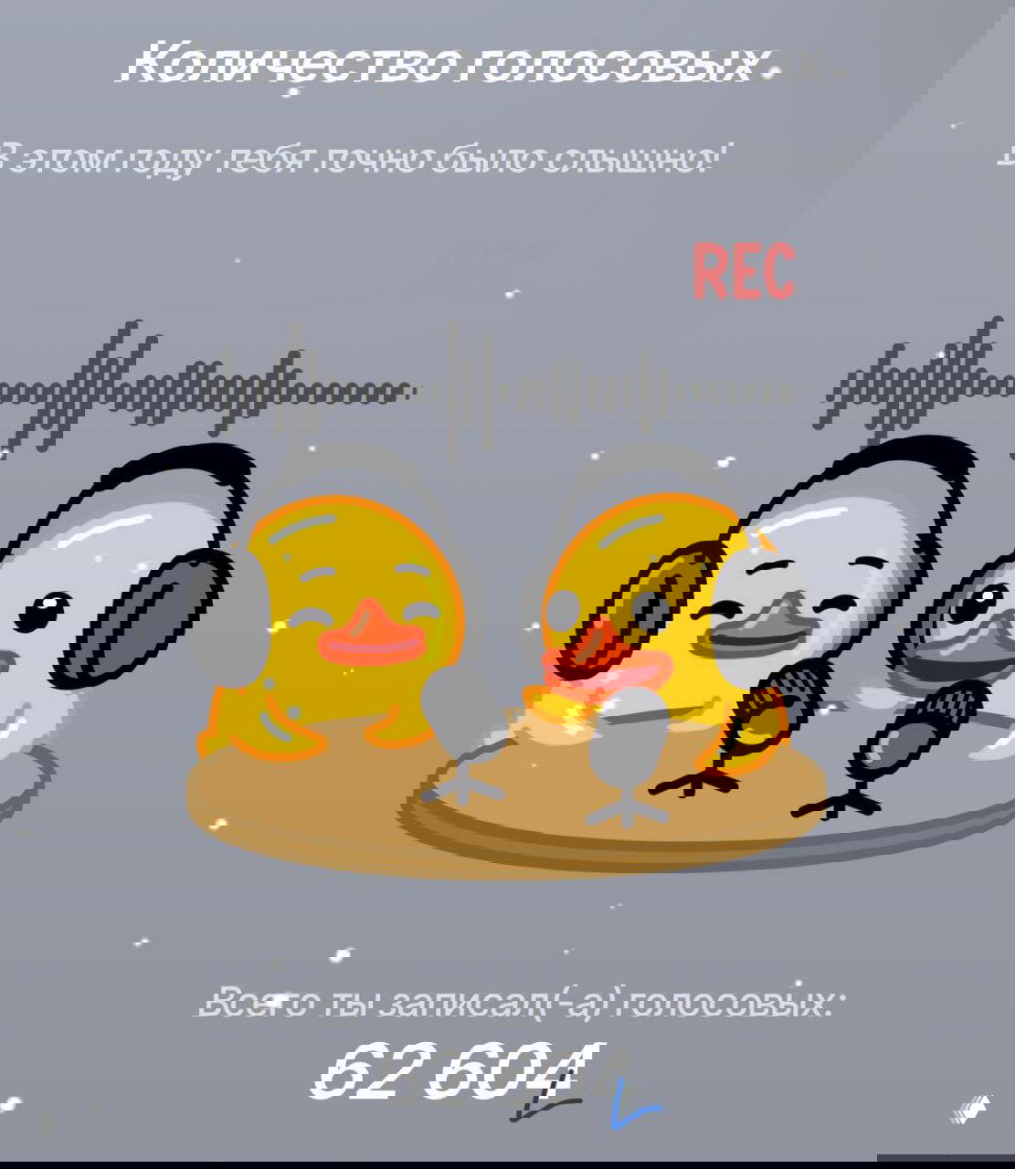 Серая иллюстрация: две утки с наушниками и микрофонами, заголовок «Количество голосовых», указано общее число записанных голосовых сообщений 62 604.