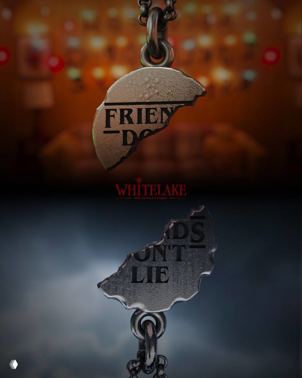 Фрагмент кулона «FRIENDS DON'T LIE» на тёплом размытом фоне интерьера, логотип WHITELAKE и отражение подвески.