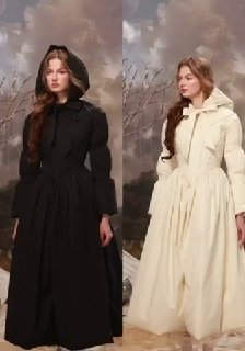 Модель в красном пуховике‑платье LaceMade с выраженным корсетом и пышной юбкой на заснеженном фоне рядом с украшенной ёлкой.