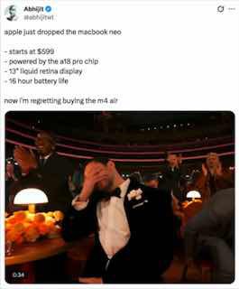 Скриншот твита с краткими характеристиками MacBook Neo: цена $599, чип A18 Pro, 13" дисплей и 16 часов автономной работы — реакция пользователей внизу.