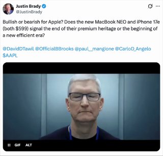 Короткое видео или GIF с Тимом Куком или его изображением в контексте обсуждения анонса MacBook Neo и последовавших обсуждений в сети.