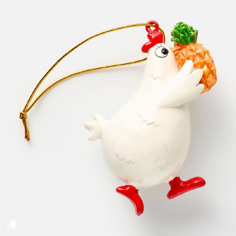 Фрагмент композиции нескольких ёлочных игрушек с элементами ананаса и птицы, изображение содержит глитч‑эффекты и артефакты на белом фоне.