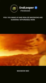 Графический мем с подписью «MACBOOK NEO» и визуализацией шутливой апокалиптической сцены — иллюстрация обсуждений о доступности макбуков.