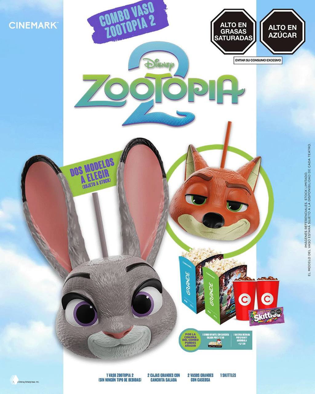 Рекламный макет с большими головами Джуди и Ника и наборами для попкорна Zootopia 2, показывающий два варианта мерча.