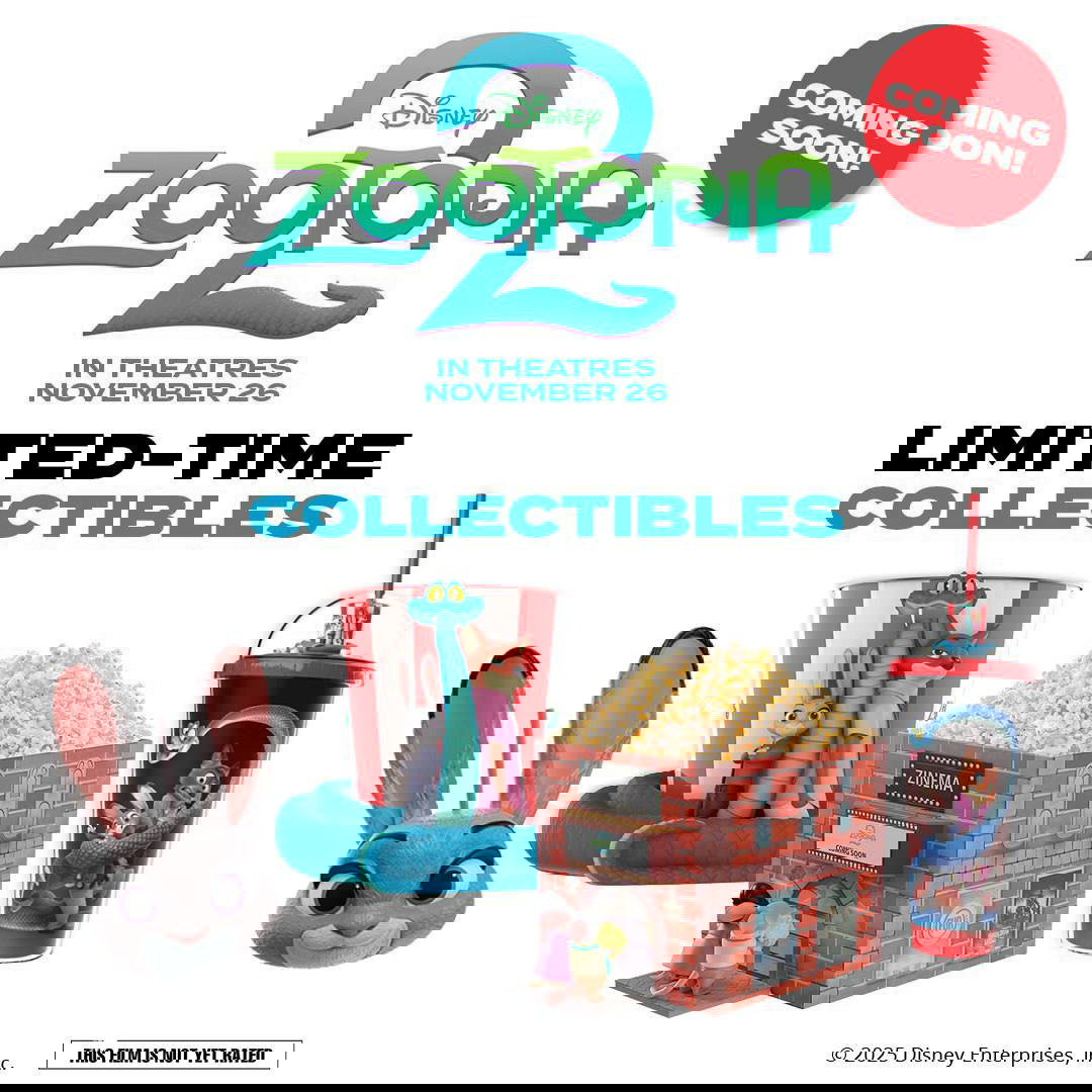 Коллаж мерча Zootopia 2: морковка‑сумка, ведро, стакан и миниатюрные декорации в оформлении «limited‑time collectibles» на белом фоне.