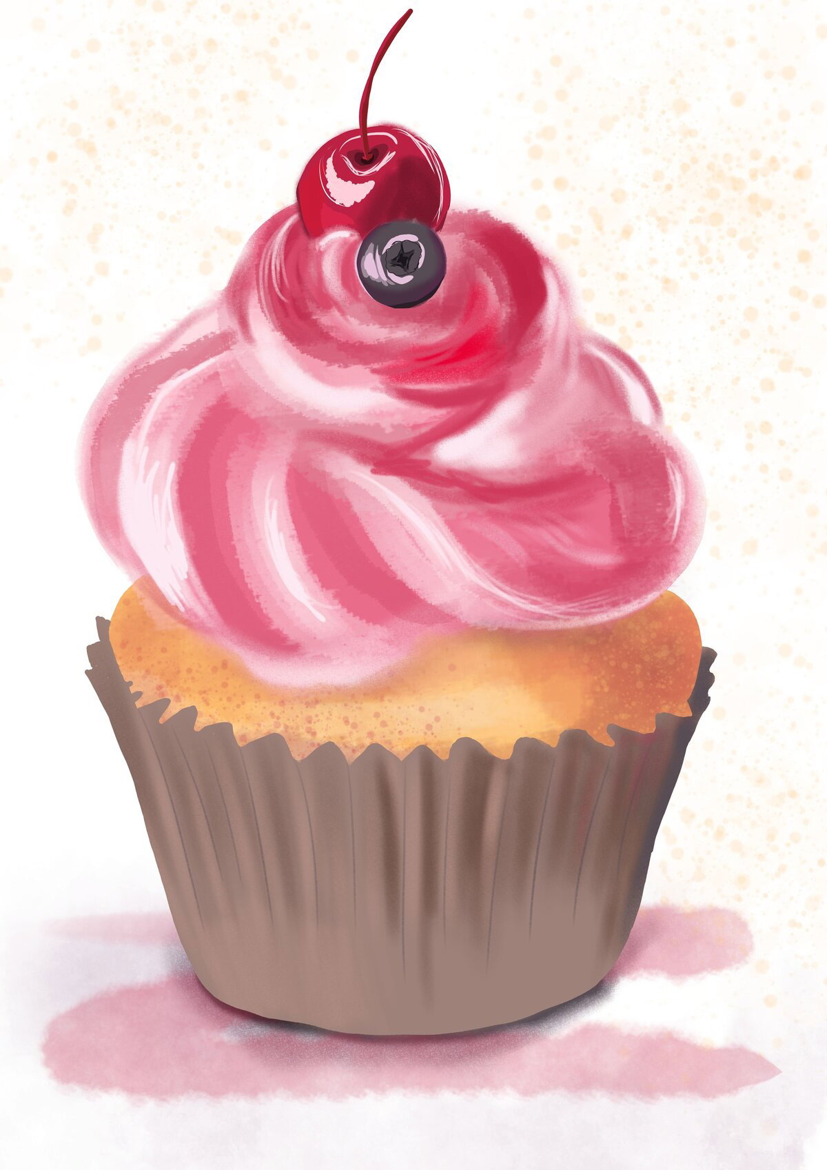 Цифровая иллюстрация капкейка: розовая кремовая шапочка, вишня и черника сверху, декоративный фон и мягкие тени.