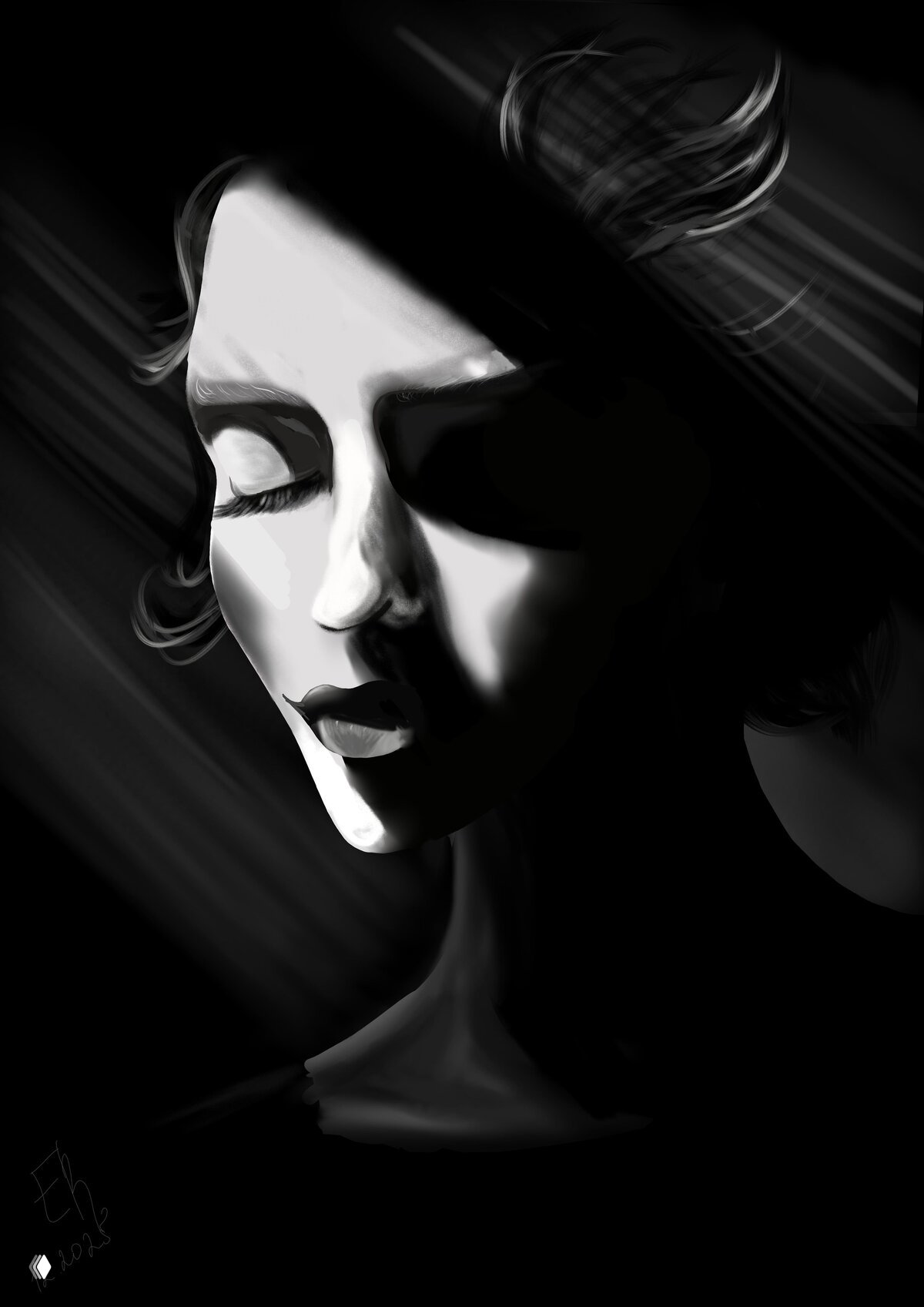 Чёрно‑белый портрет в стиле кьяроскуро: лицо женщины в контрастном свете, мягкие тени и выразительная фактура мазков.