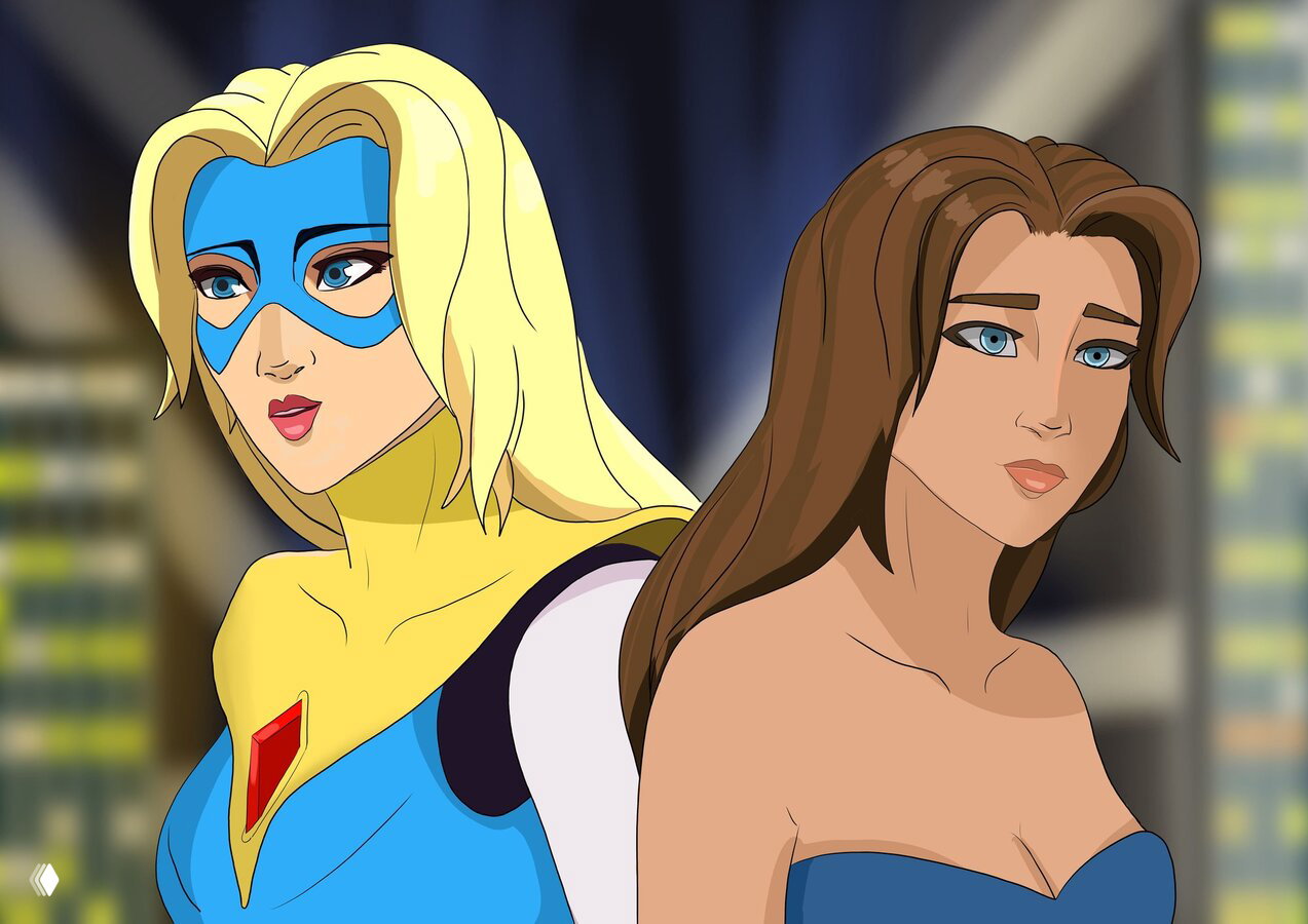 Комикс‑стиль: две женские персонажи, одна в маске и костюме супергероя, вторая в вечернем платье, яркая линейная стилизация.