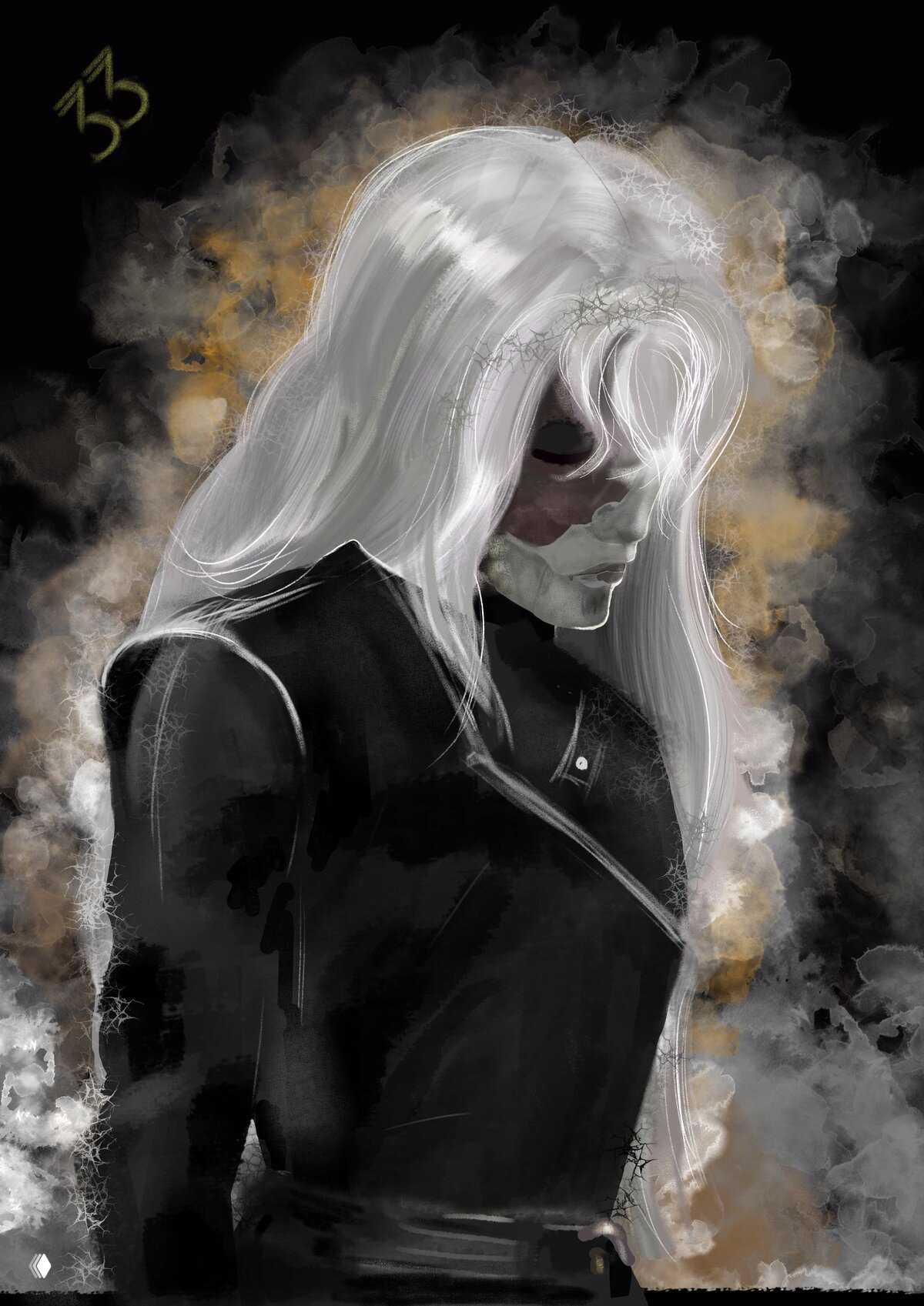 Мрачная цифровая иллюстрация: фигурa с белыми волосами на фоне дыма и текстурных эффектов, драматическое освещение и контрасты.