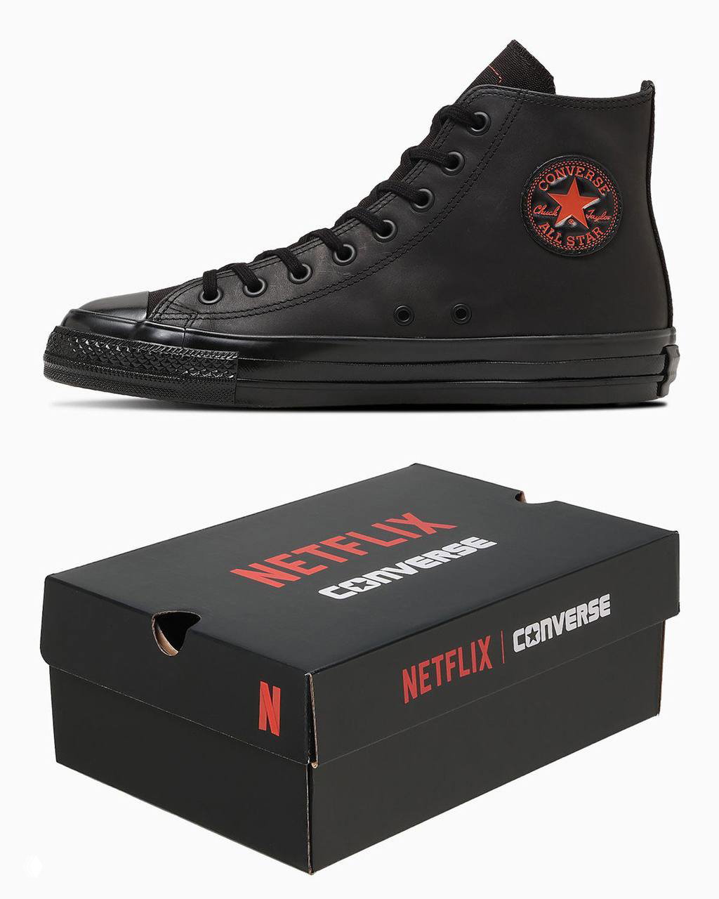 Профиль чёрной высокой кеды Converse All Star с красной эмблемой на боковой нашивке и коробкой Netflix в кадре — вид сбоку.