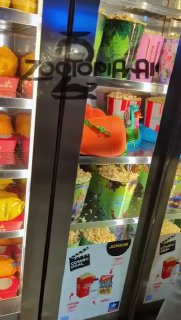 Витрина с мерчем Zootopia 2 в кинотеатре: коробки и цветные аксессуары, вид через стеклянную дверцу холодильника.