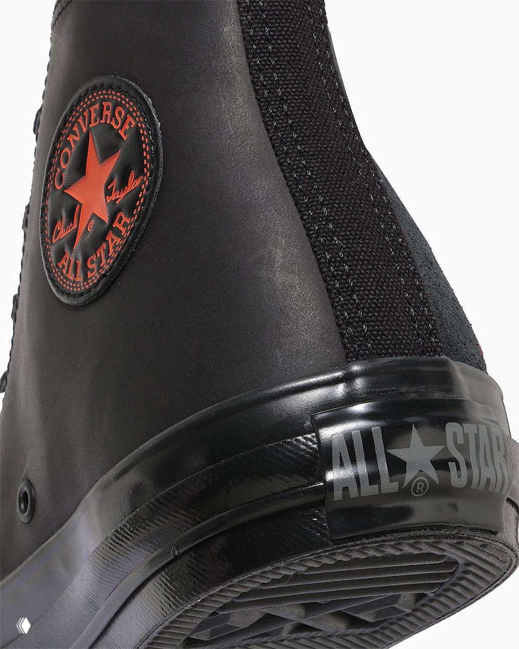 Крупный план задника и подошвы чёрной кеды Converse: глянцевая черная подошва с надписью ALL★STAR и текстура материала на фоне.