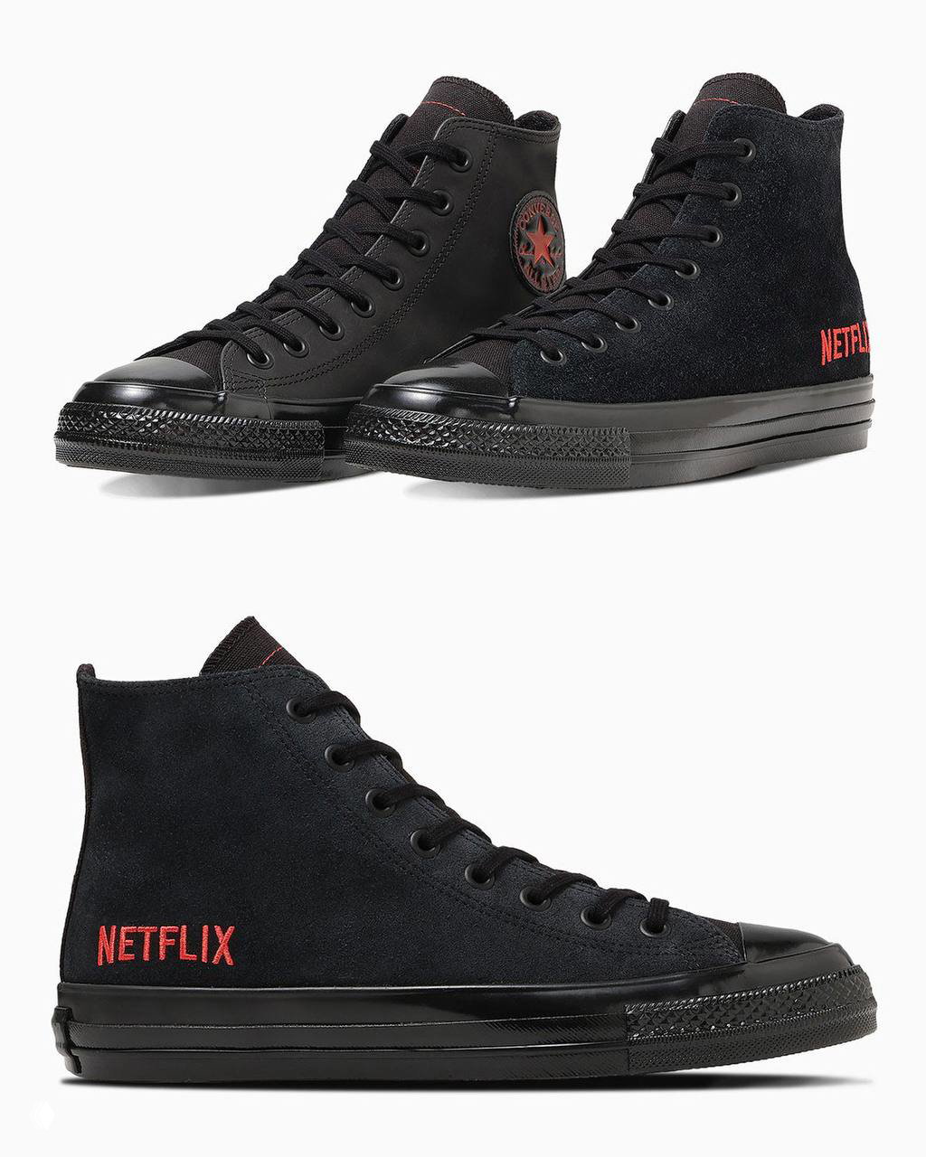 Два ракурса чёрных кед Converse: замшевый бок с красной вышивкой NETFLIX и общий вид пары на белом фоне — презентационные фото продукта.