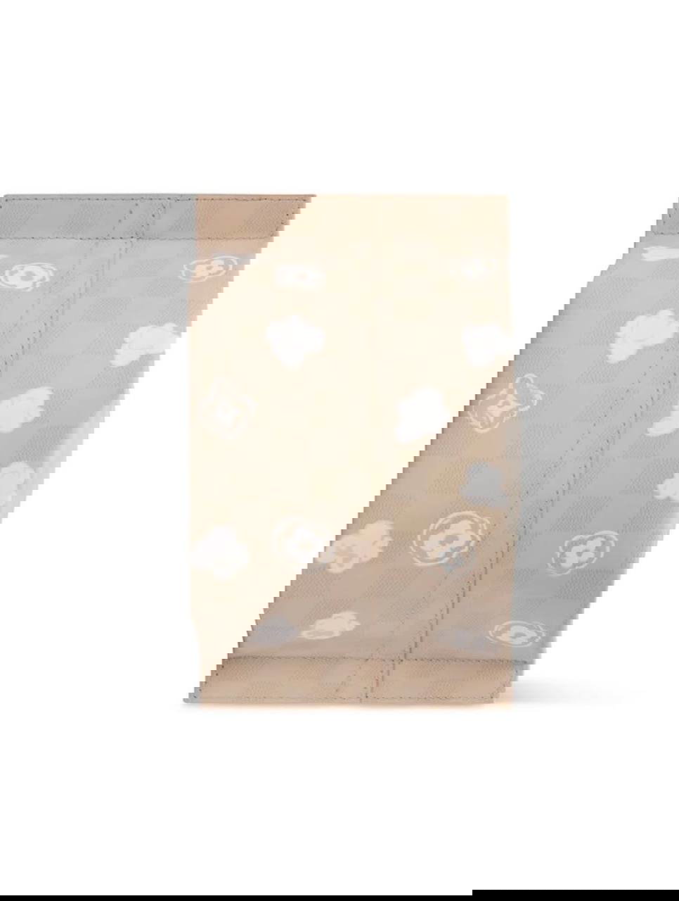 Задняя панель аксессуара Louis Vuitton с принтом попкорна и фирменным шахматным узором в бежевых тонах.