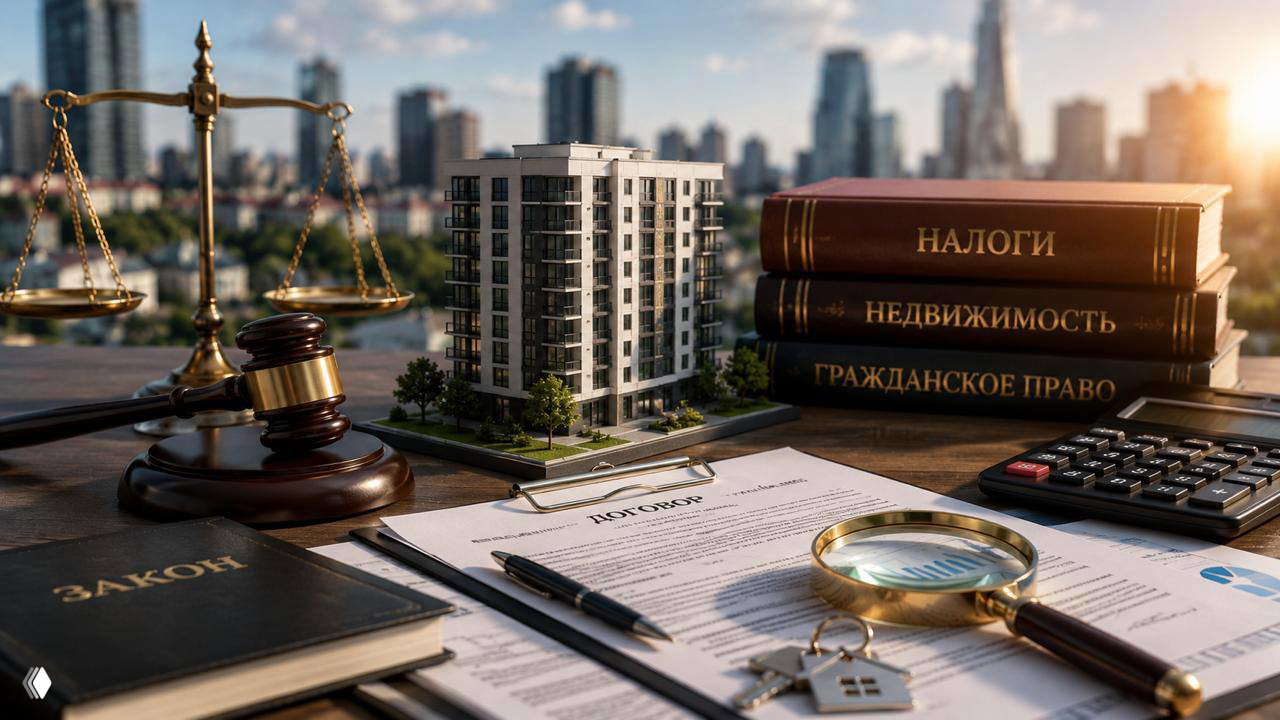 Настольная композиция: книги по налогам и недвижимости, весы правосудия, макет дома, договоры, лупа, ключи и калькулятор на фоне городского силуэта.