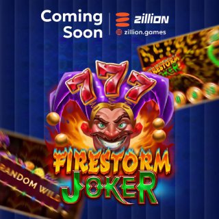 Promotional artwork for slot game Firestorm Joker 777 showing a grinning joker mascot, game logo, and blurred slot reels with 'Coming Soon' banner.