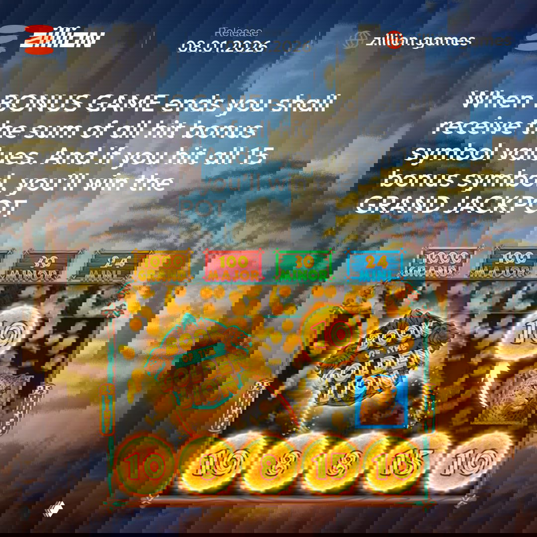 Game board view highlighting how accumulated bonus symbol values pay out and the GRAND JACKPOT condition for Book of the Golden Lion.