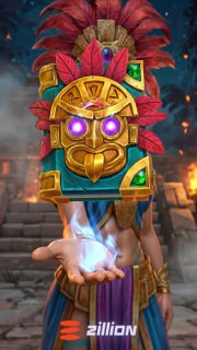Aztec golden mask with glowing purple eyes and feathered headdress, temple steps behind, a hand conjures a small mystic blue flame.